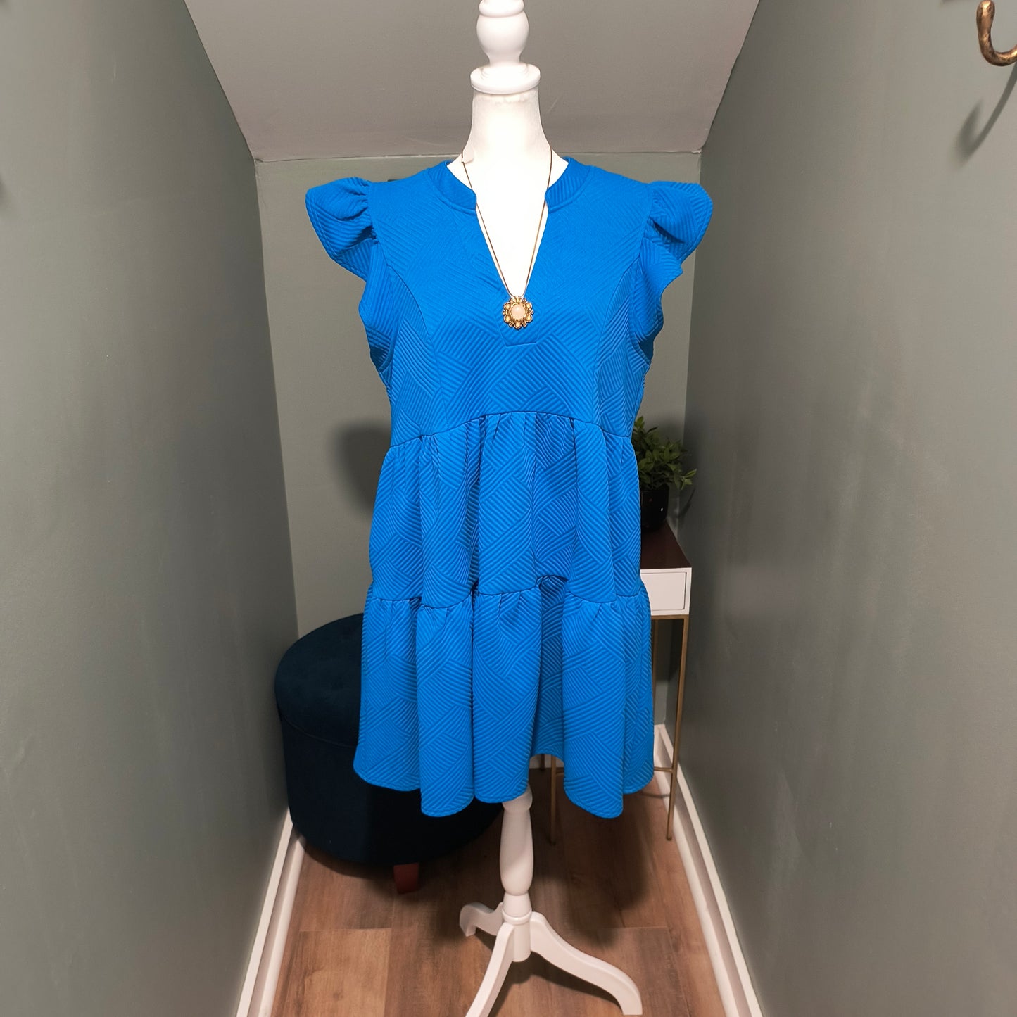 Umgee blue Split Neck Tiered Short Dress Ruffle Sleeves medium