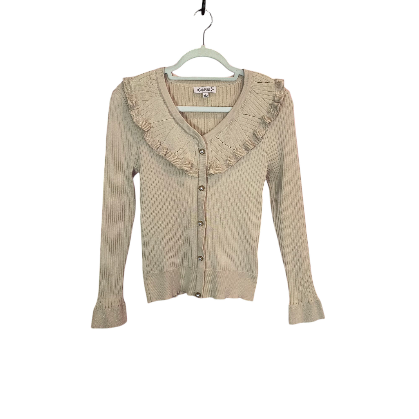 Nanette Lepore cream ruffle neck ribbed long sleeve top medium