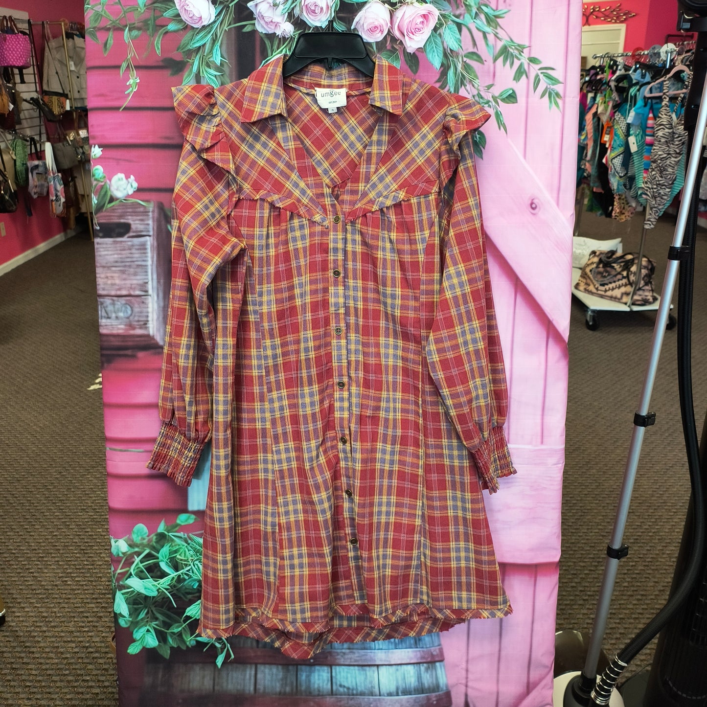 Umgee Brown Plaid Shirt Dress S 8/7/26