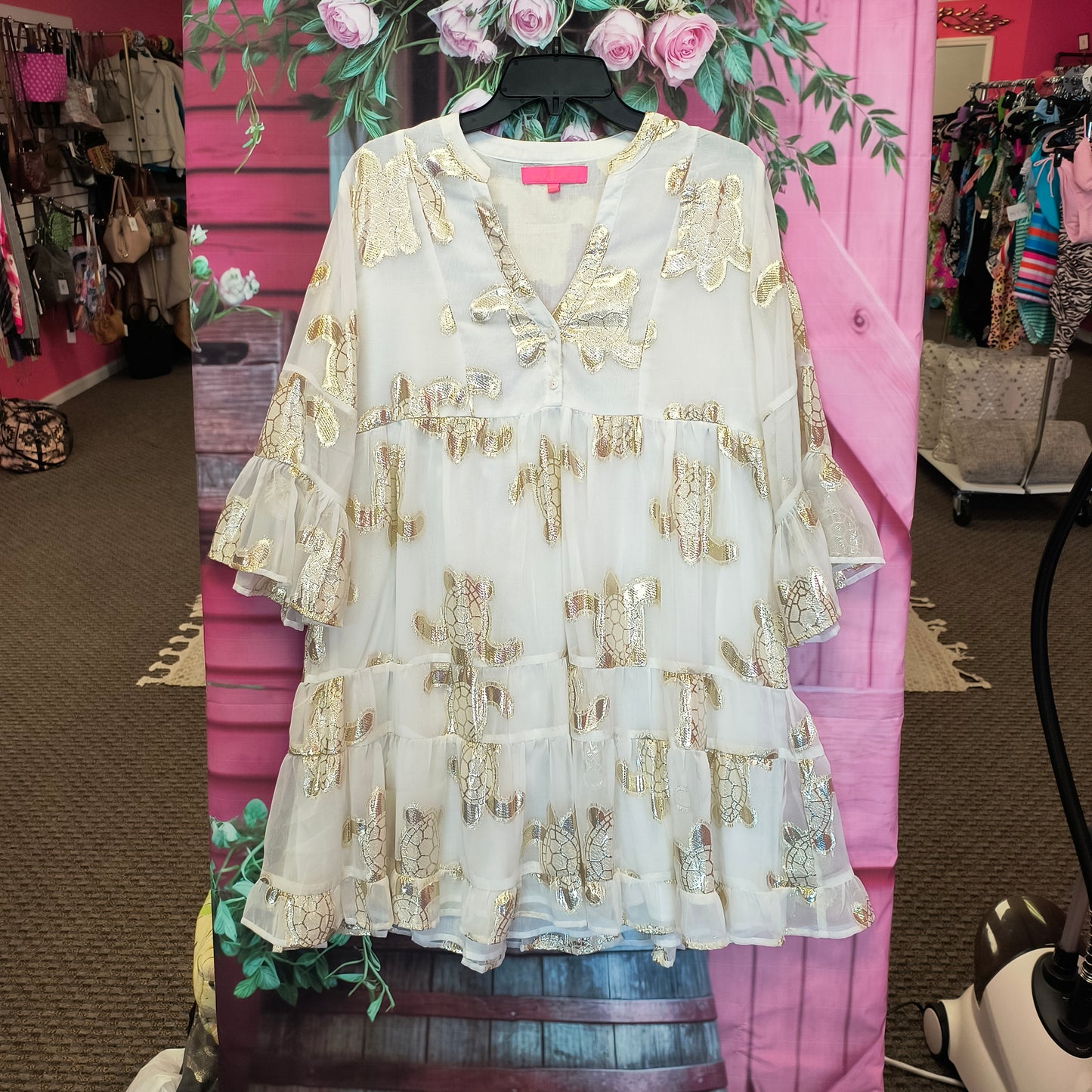 Simply Southern Dress White/gold Metallic Turtles S 7/23/26