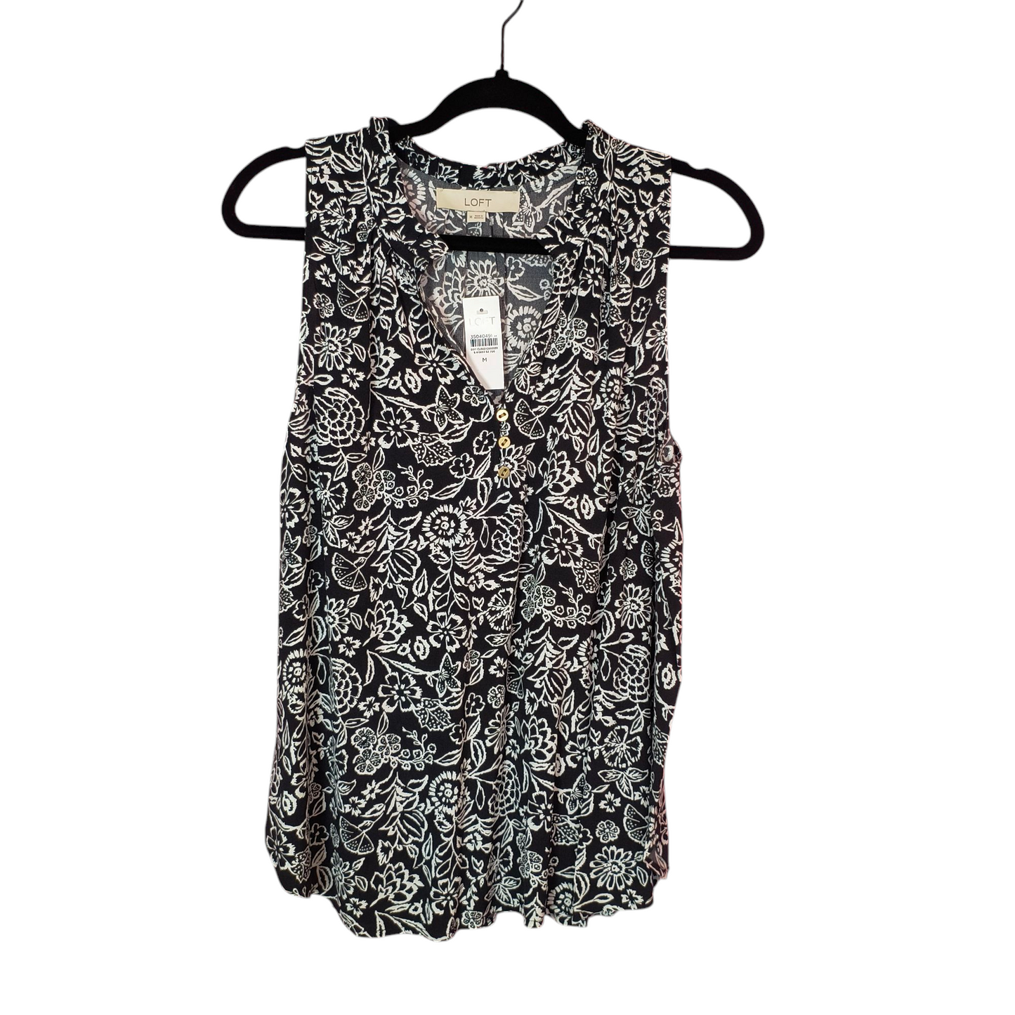 Loft black/white floral ruffle neck top medium