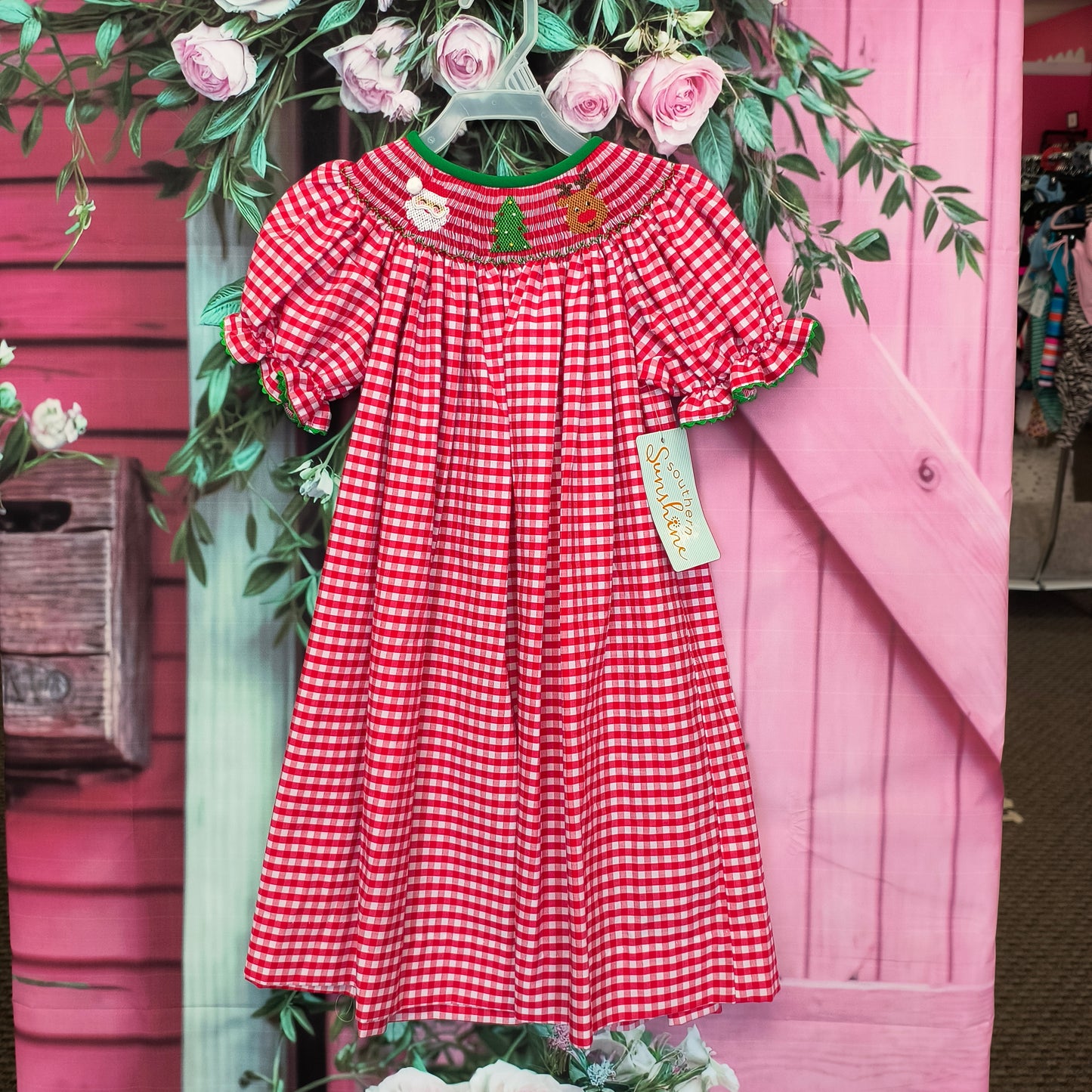 Southern sunshine red christmas smocked gingham dress 3 7/18/26