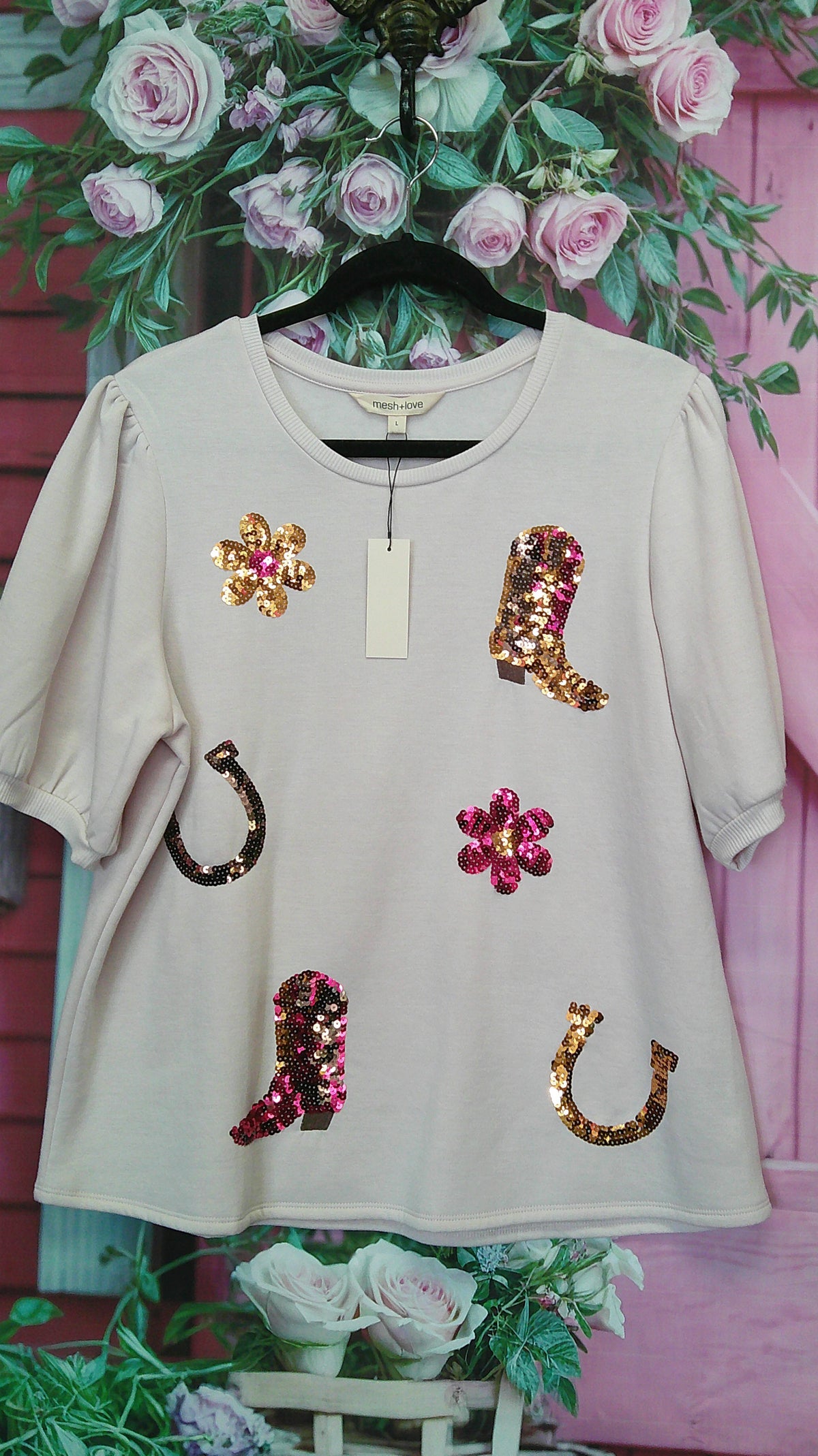 (P)Mesh & Love Sequined Boot Shirt L 10/8/26