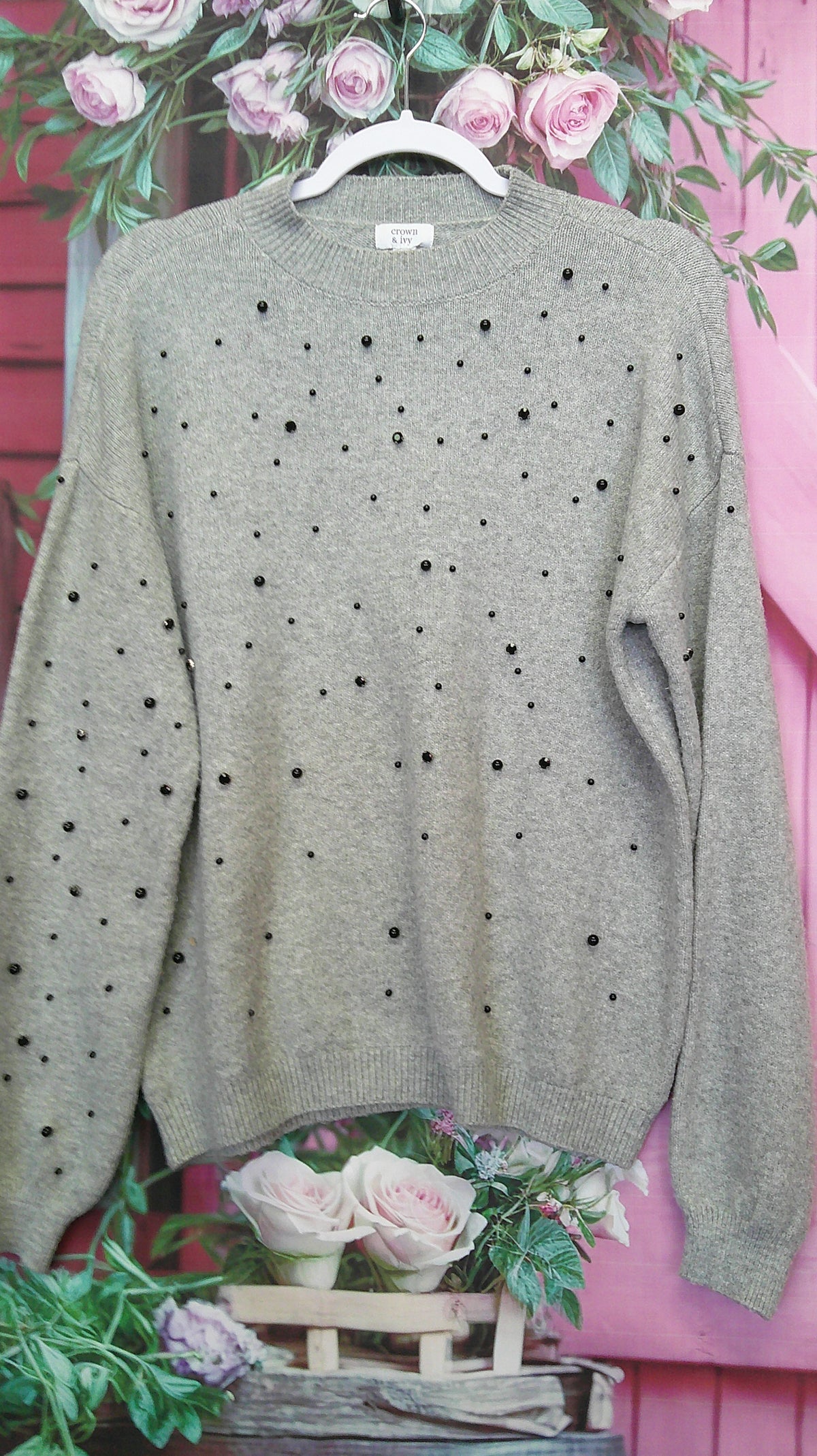 (D) Crown & Ivy grey PS pearl sweater 10/15/26