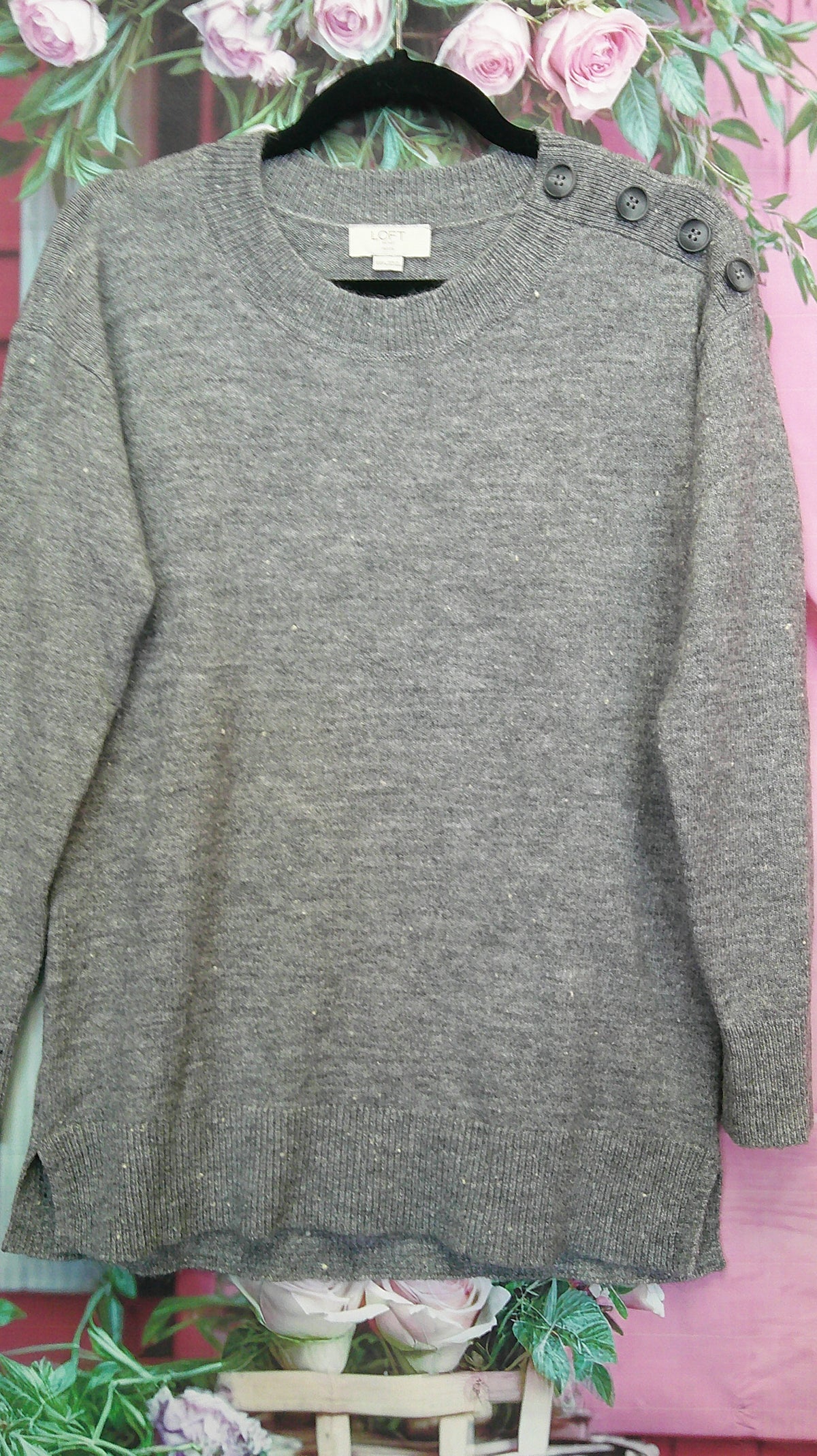 (D) Loft grey button XXSP sweater 10/15/26