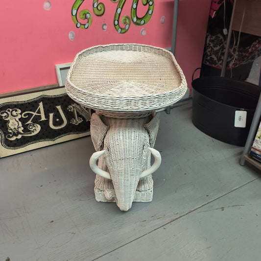 Vintage Boho White Wicker Elephant Plant Stand Side Table