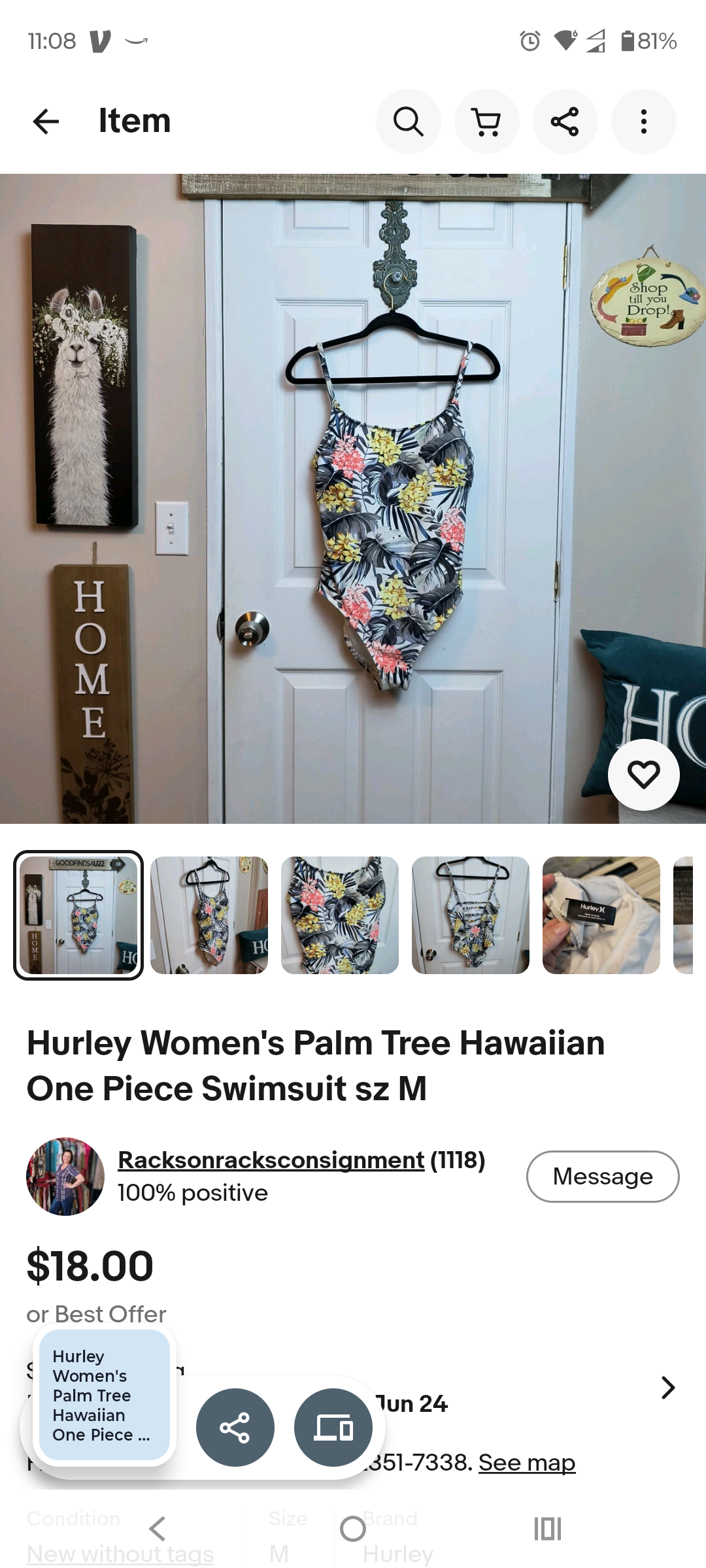 Hurley Swimsuit M 6/17/26