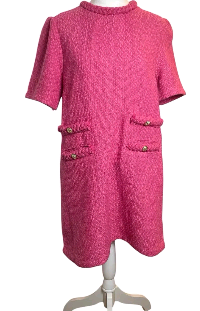 VOY  Pink Tweed Dress Double Pocket Braid Neck large