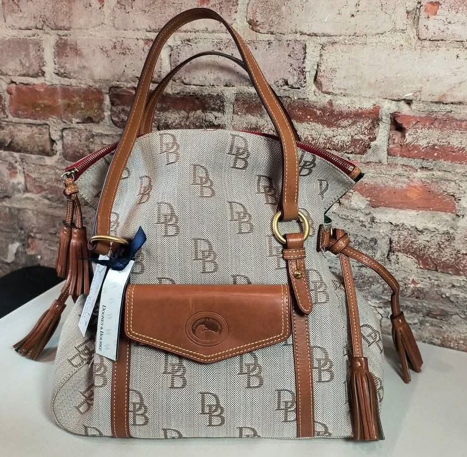 Dooney & Bourke Logo Canvas Brown Leather Florentine The Smith Shoulder Bag