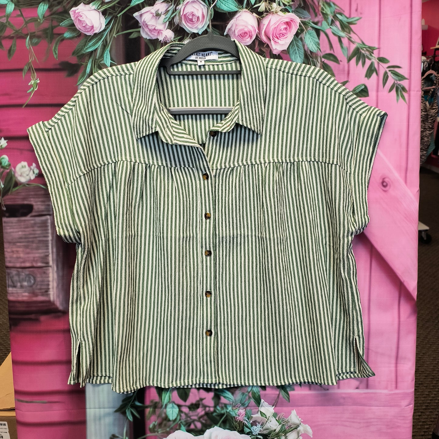 Velvet Heart green stripe shirt M 8/7/26