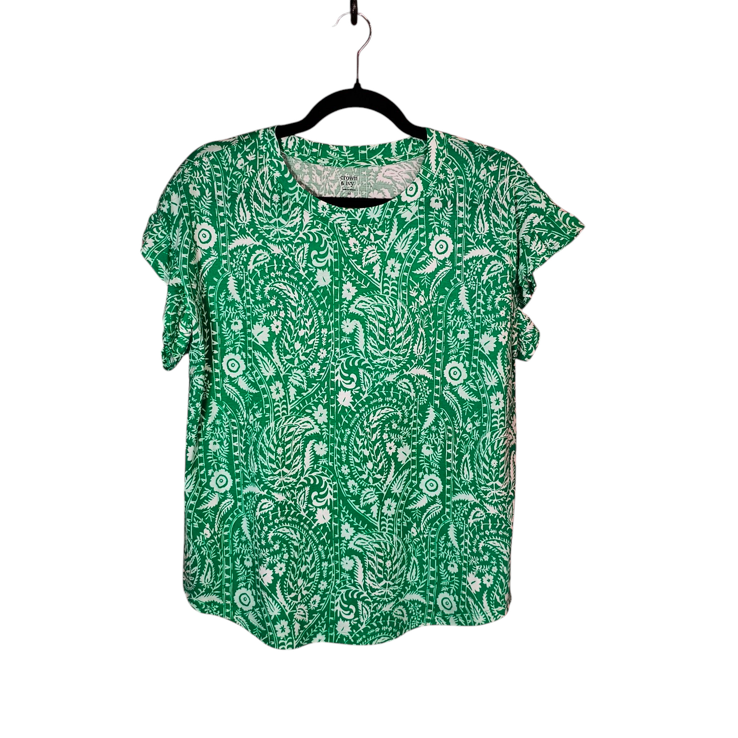 Crown & Ivy green & white ruffle sleeve top floral print size medium