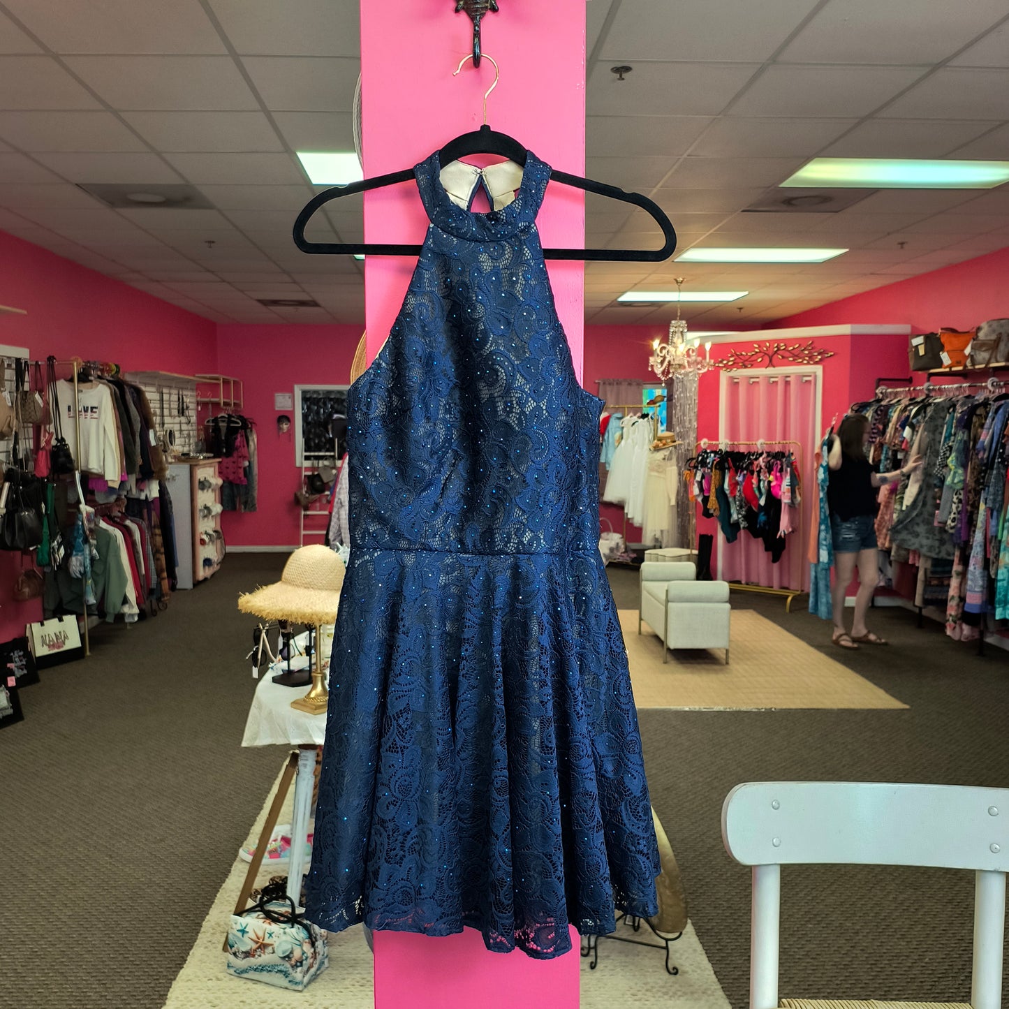 La Femme Navy Blue Lace & Rhinestone Fit & Flare Halter Dress size 8