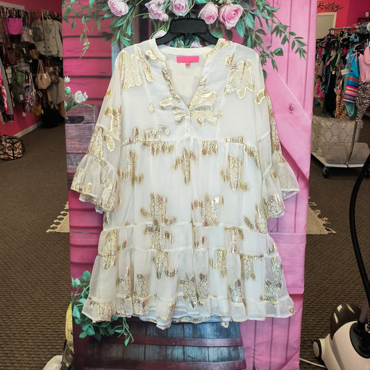 Simply Southern Dress White/gold Metallic Turtles S 7/23/26