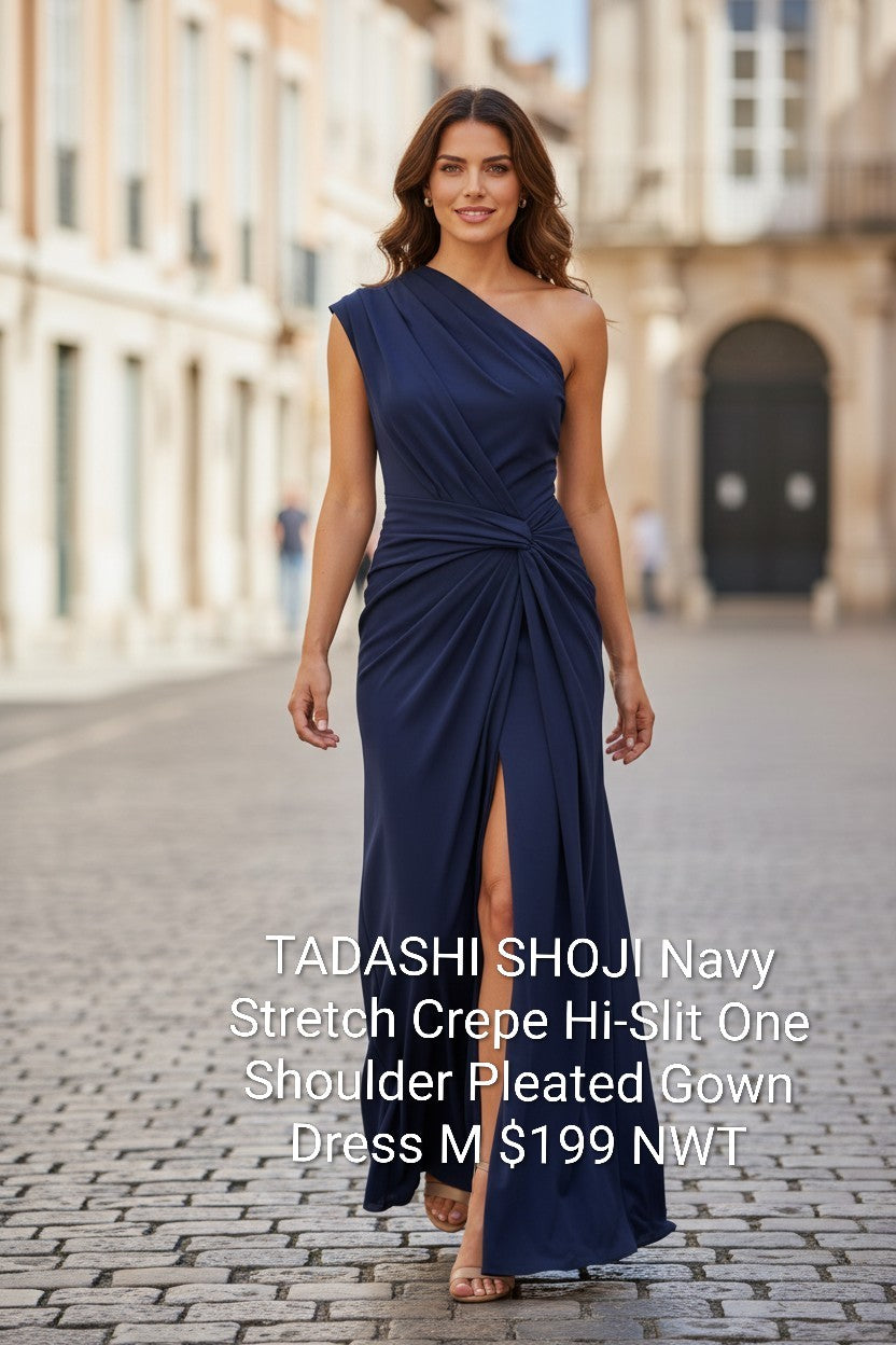 TADASHI SHOJI Navy Stretch Crepe Hi-Slit One Shoulder Pleated Gown Dress M 8/7/26 ebay