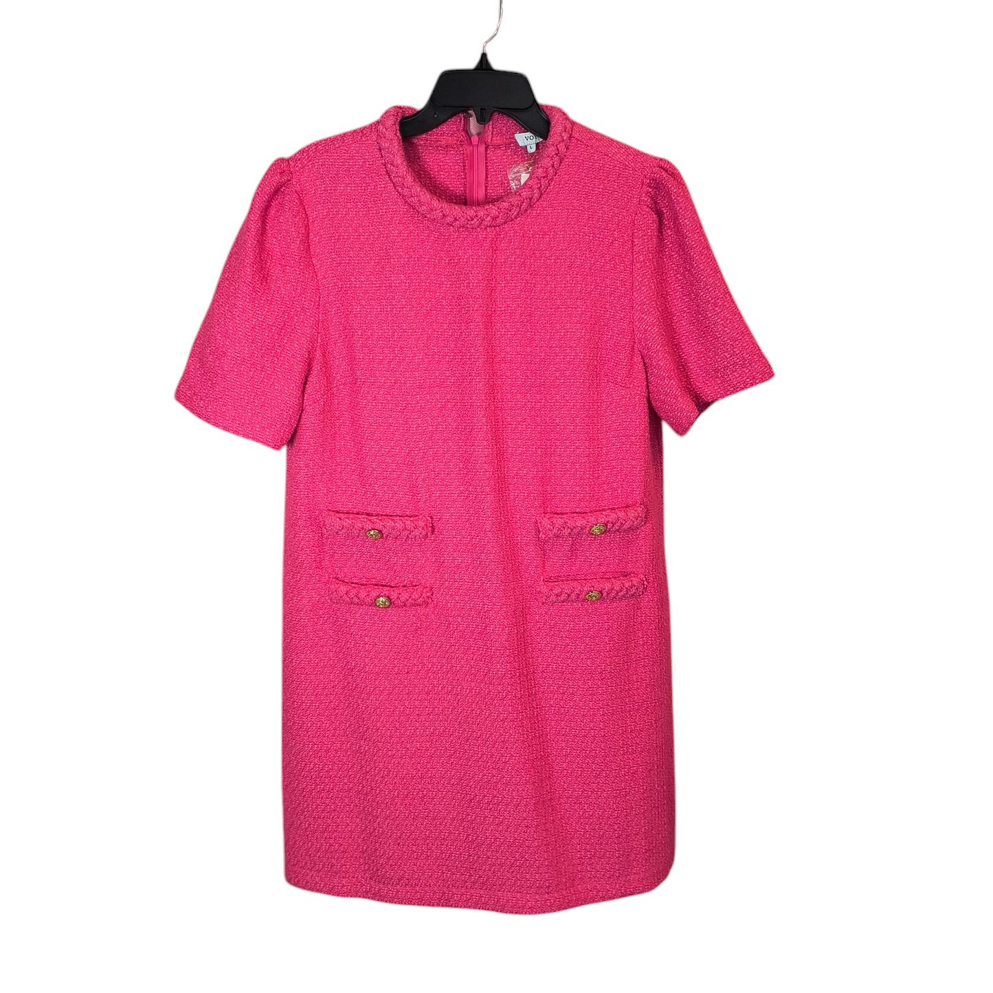 VOY  Pink Tweed Dress Double Pocket Braid Neck large