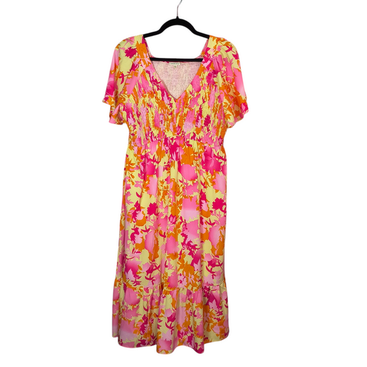 Jodifl pink/orange & yellow smocked midi dress large