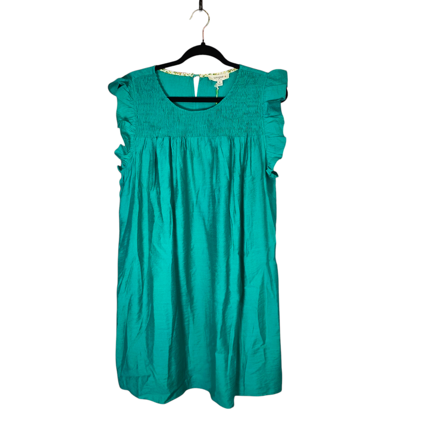 Umgee emerald Smocked Yoke Short Ruffle Sleeves Dress with Back Keyhole and No Lining XL