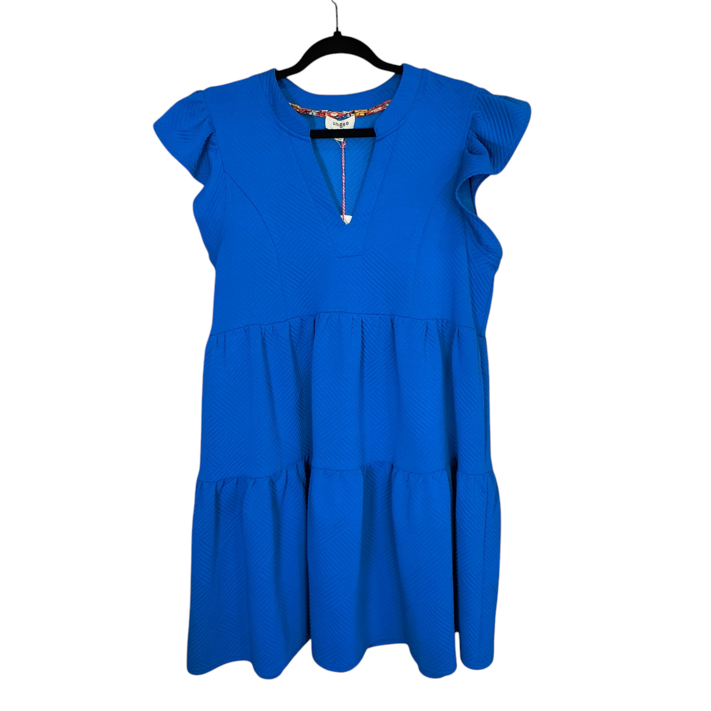 Umgee blue Split Neck Tiered Short Dress Ruffle Sleeves medium