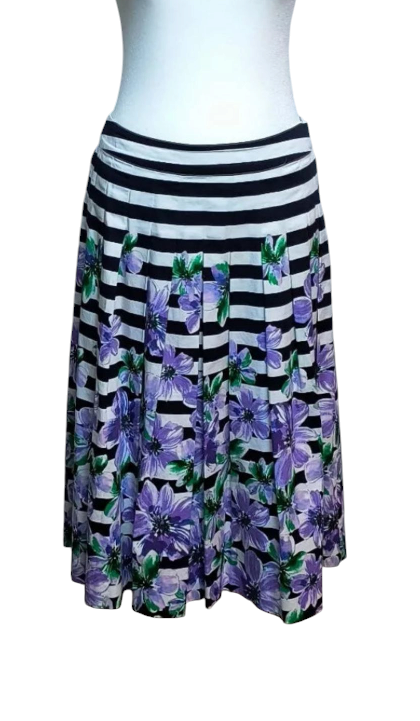Talbots Skirt 4 Striped Floral Purple Pleated A Line Spring Summer Side Zip